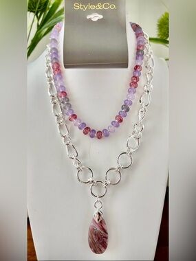 Style and Co.2 layer,silvertone chunky chain,teardrop pendant,purple/pink stones